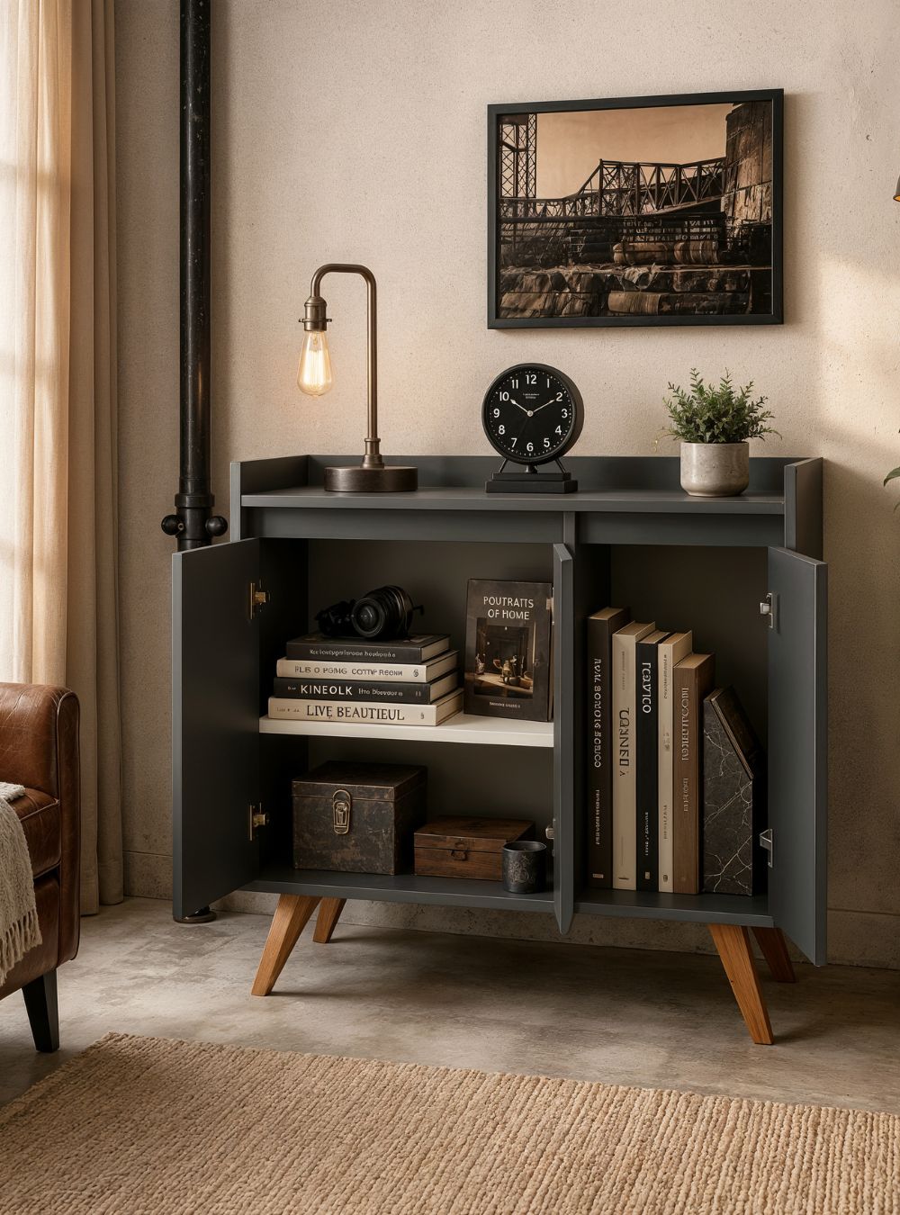 Aparador Buffet 90cm Retro Mdf Grafite Madri - On Móveis