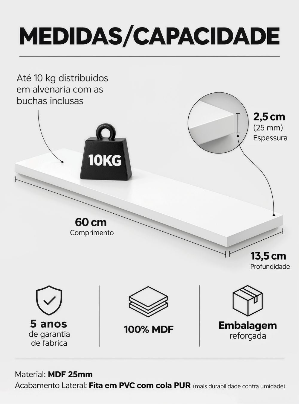 Kit de 2 Prateleiras 60cm MDF Branco — detalhe do produto
