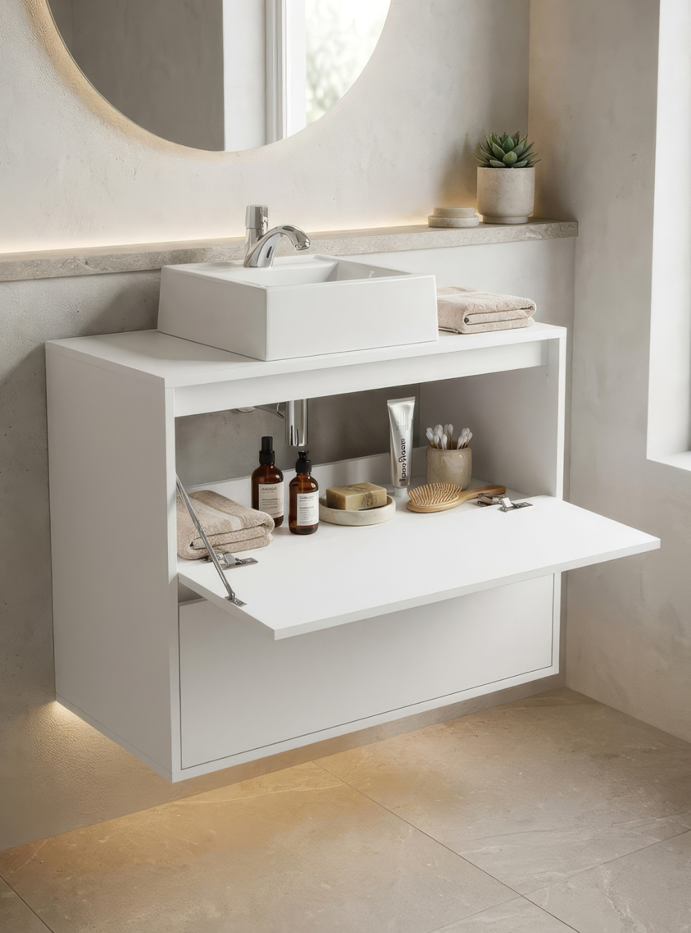 Gabinete para Banheiro com Cuba e Espelho Redondo 80cm Mdf Branco Dubai - On Móveis