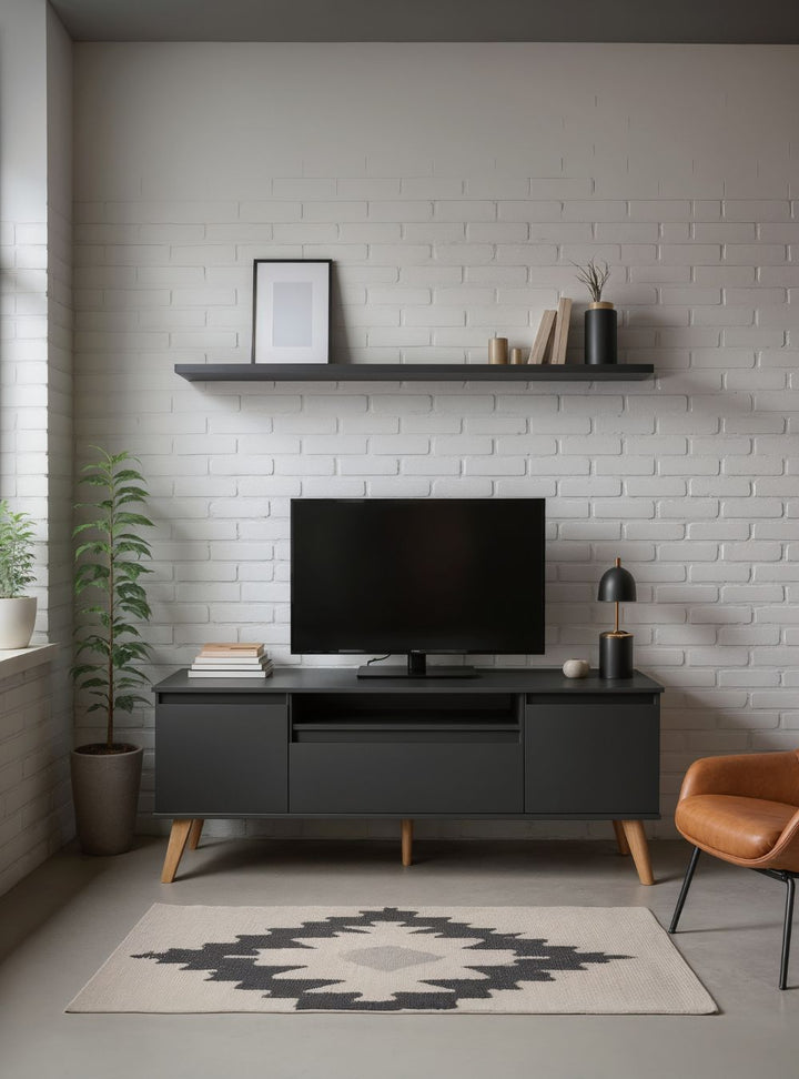 Rack para TV com Prateleira 150cm Retrô MDF Grafite Dallas