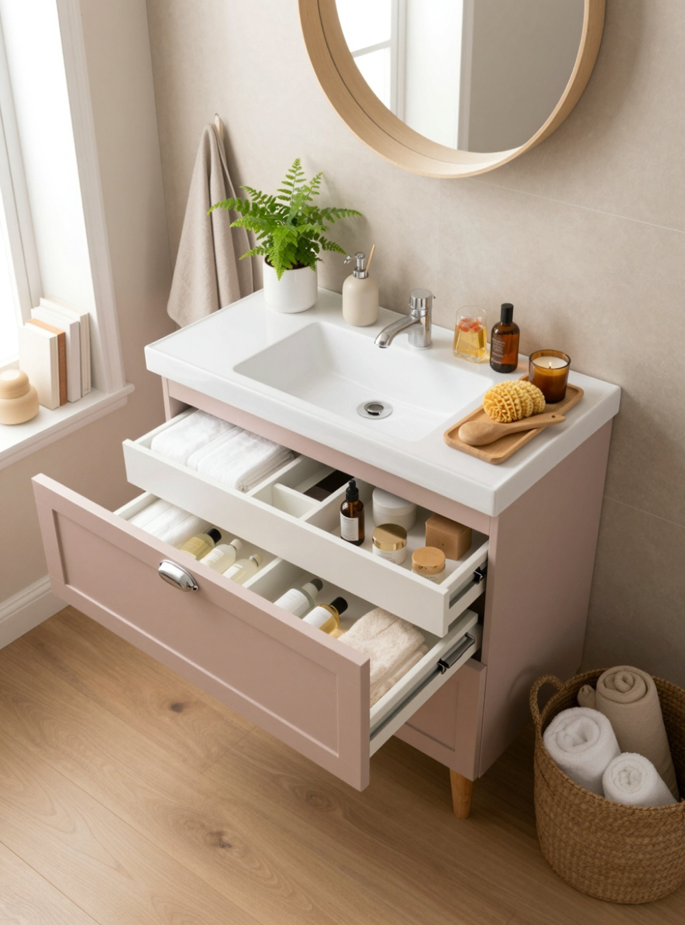 Gabinete para Banheiro com Cuba e Espelho Organico 60cm Retro Mdf Rosa Milano - On Móveis