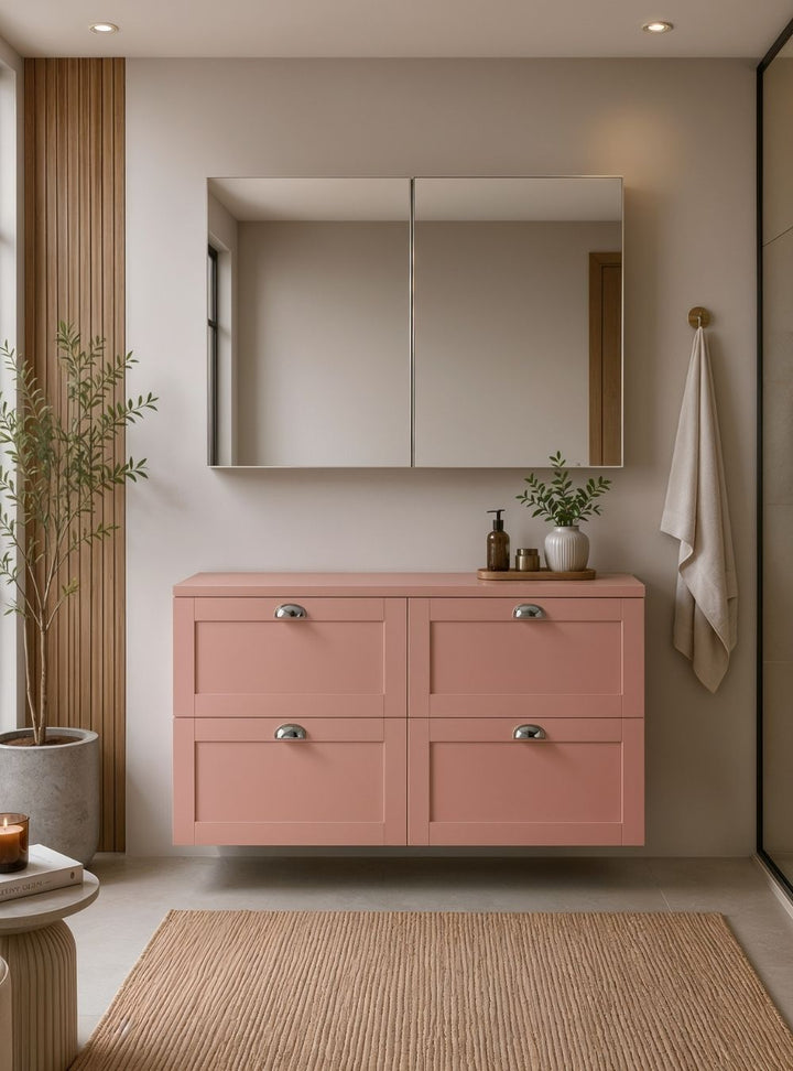 Gabinete para Banheiro com Tampo e Armário 120cm Retrô MDF Rosa Milano