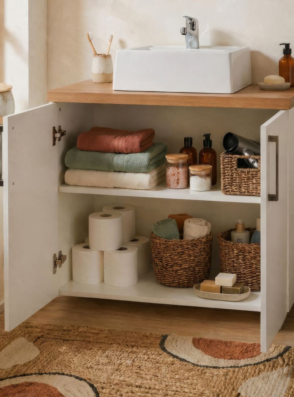 Gabinete para Banheiro com Cuba e Espelho Organico 80cm Mdf Freijo com Branco Paris - On Móveis