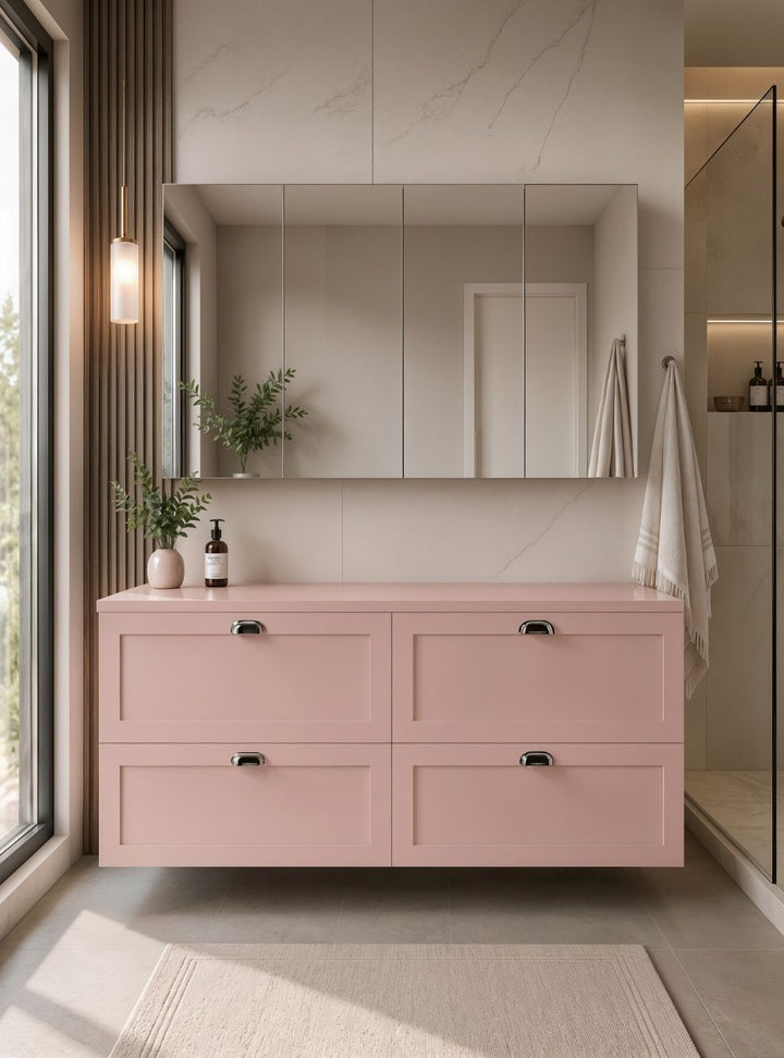 Gabinete para Banheiro com Tampo e Armário 160cm Retrô MDF Rosa Milano