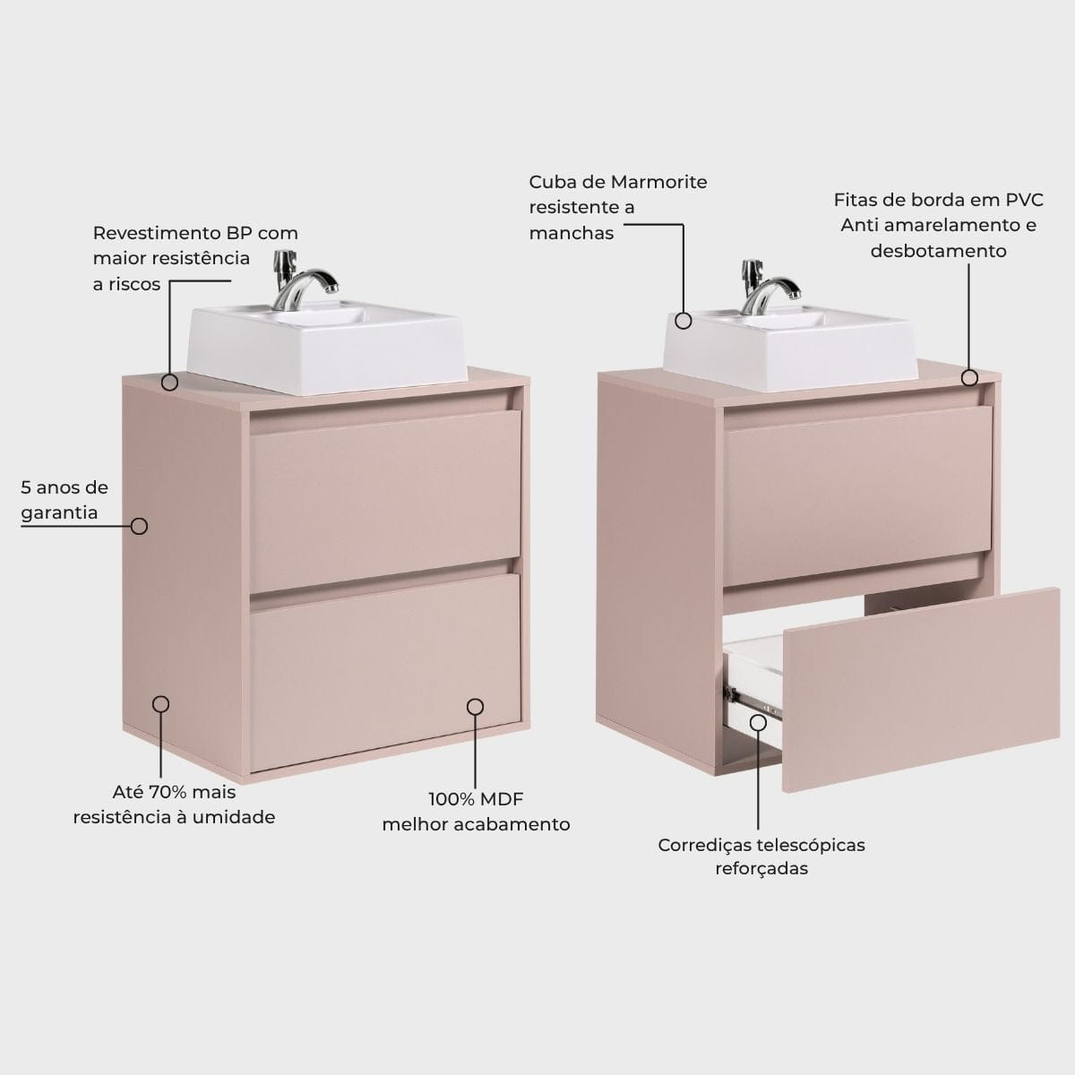 On Móveis Conjuntos de móveis para banheiro Gabinete para Banheiro com Cuba 60cm Mdf Rosa Dubai - On Móveis