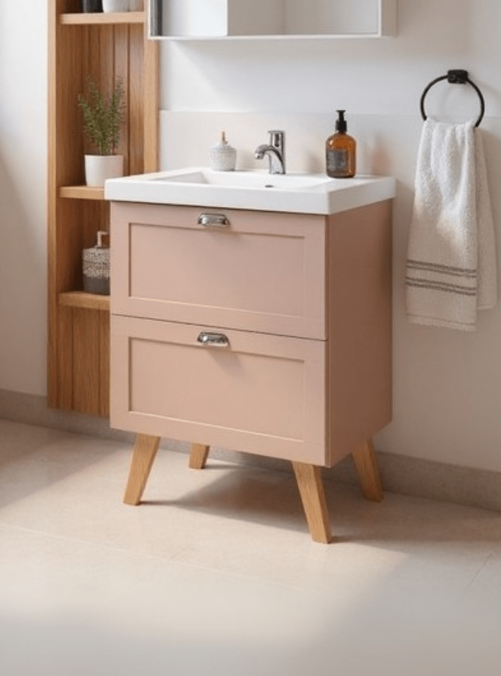 On Móveis Conjuntos de móveis para banheiro Gabinete para Banheiro com Cuba e Armario 60cm Retro Mdf Rosa Milano - On Móveis