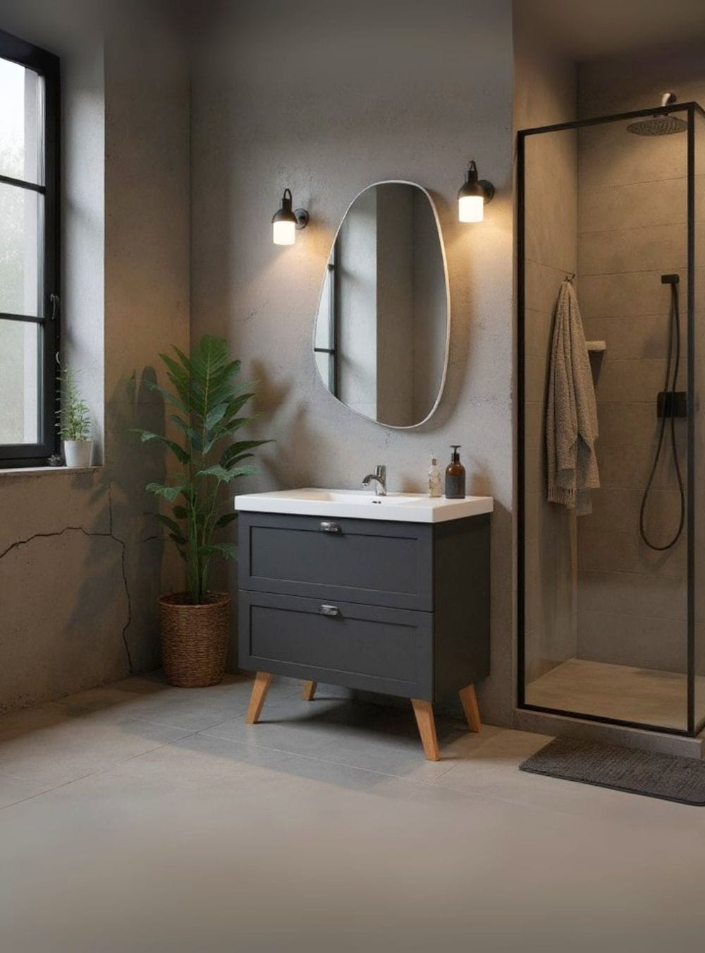 On Móveis Conjuntos de móveis para banheiro Gabinete para Banheiro com Cuba e Espelho Organico 80cm Retro Mdf Grafite Milano - On Móveis