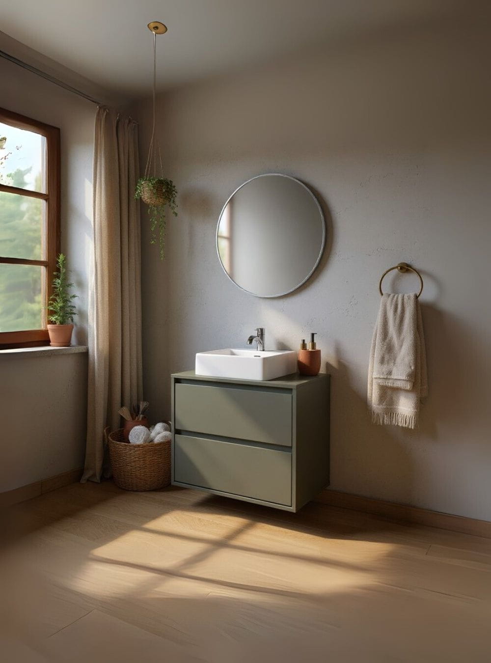 On Móveis Conjuntos de móveis para banheiro Gabinete para Banheiro com Cuba e Espelho Redondo 60cm Mdf Verde Dubai - On Móveis