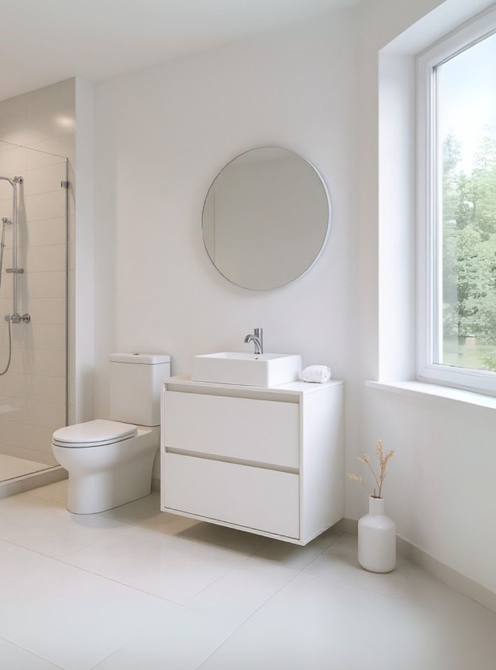 On Móveis Conjuntos de móveis para banheiro Gabinete para Banheiro com Cuba e Espelho Redondo 80cm Mdf Branco Dubai - On Móveis