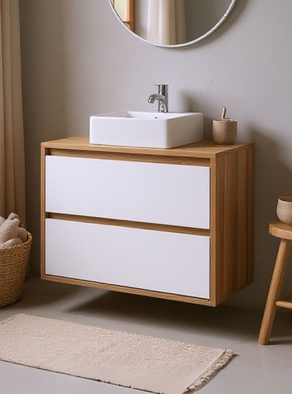 On Móveis Conjuntos de móveis para banheiro Gabinete para Banheiro com Cuba e Espelho Redondo 80cm Mdf Freijo Dubai - On Móveis