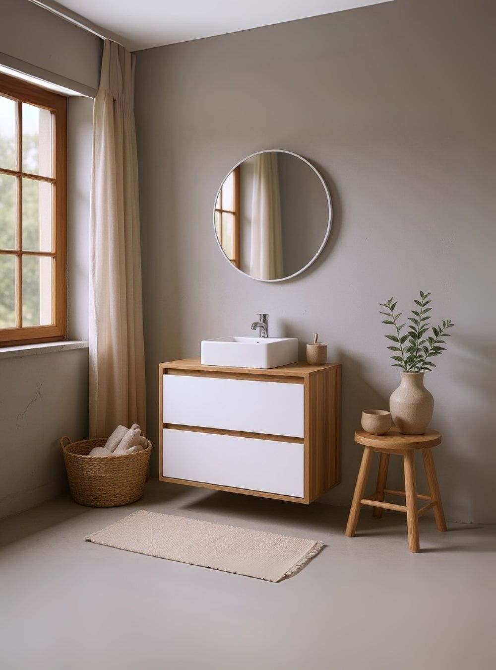 On Móveis Conjuntos de móveis para banheiro Gabinete para Banheiro com Cuba e Espelho Redondo 80cm Mdf Freijo Dubai - On Móveis