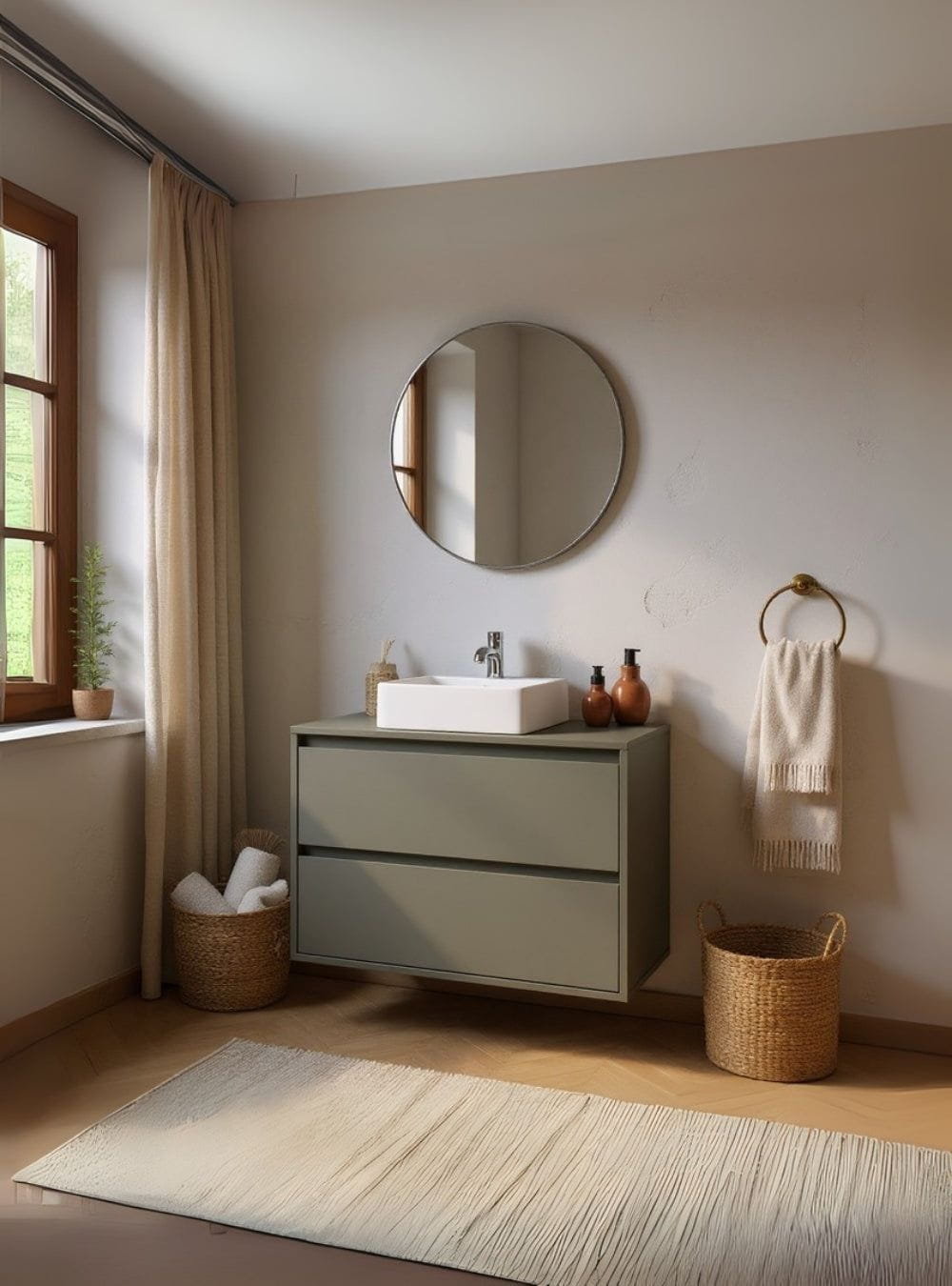 On Móveis Conjuntos de móveis para banheiro Gabinete para Banheiro com Cuba e Espelho Redondo 80cm Mdf Verde Dubai - On Móveis