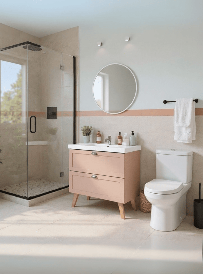 Gabinete para Banheiro com Cuba e Espelho Redondo 80cm Retro Mdf Rosa Milano - On Móveis