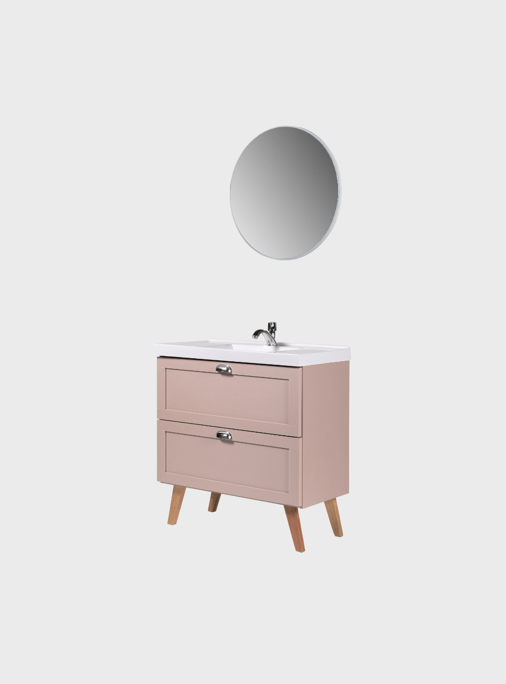 On Móveis Conjuntos de móveis para banheiro Gabinete para Banheiro com Cuba e Espelho Redondo 80cm Retro Mdf Rosa Milano - On Móveis
