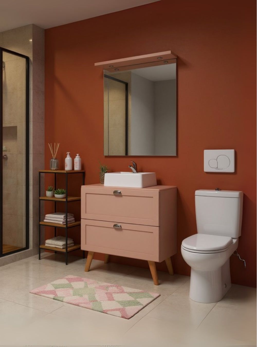 On Móveis Conjuntos de móveis para banheiro Gabinete para Banheiro com Tampo Cuba e Espelho com Led 80cm Retro Mdf Rosa Milano - On Móveis