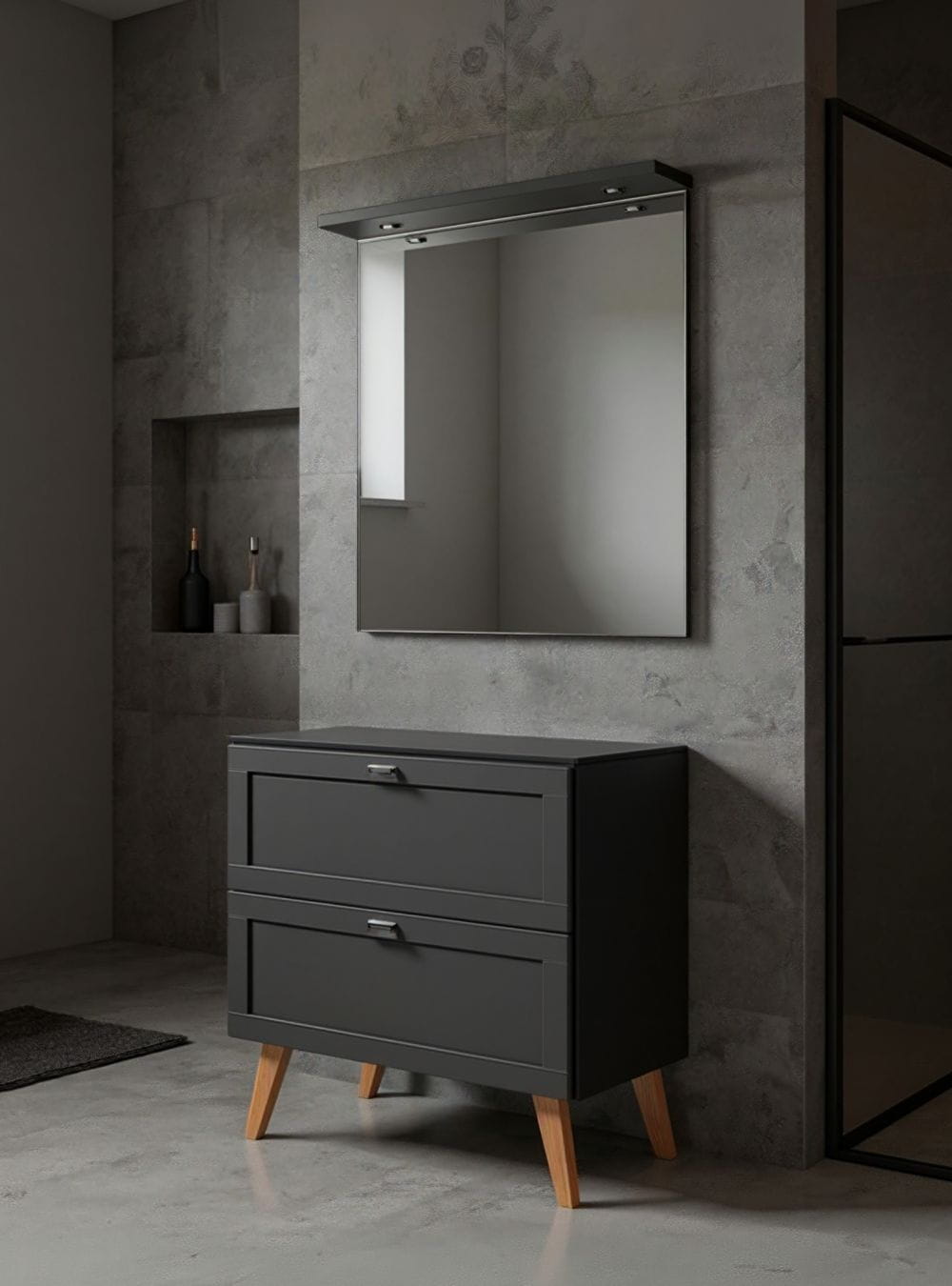 On Móveis Conjuntos de móveis para banheiro Gabinete para Banheiro com Tampo e Espelho com Led 80cm Retro Mdf Grafite Milano - On Móveis