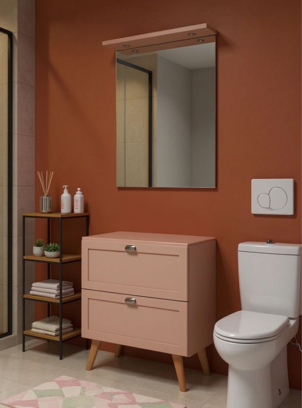 On Móveis Conjuntos de móveis para banheiro Gabinete para Banheiro com Tampo e Espelho com Led 80cm Retro Mdf Rosa Milano - On Móveis