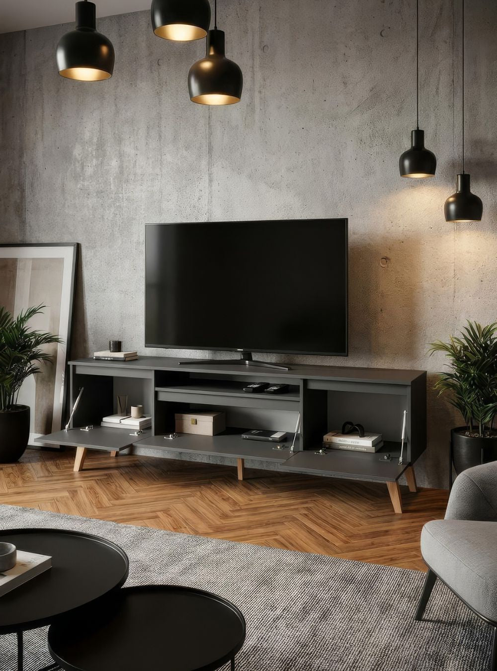 Rack para TV com Prateleira 180cm Retro Mdf Grafite Dallas - On Móveis