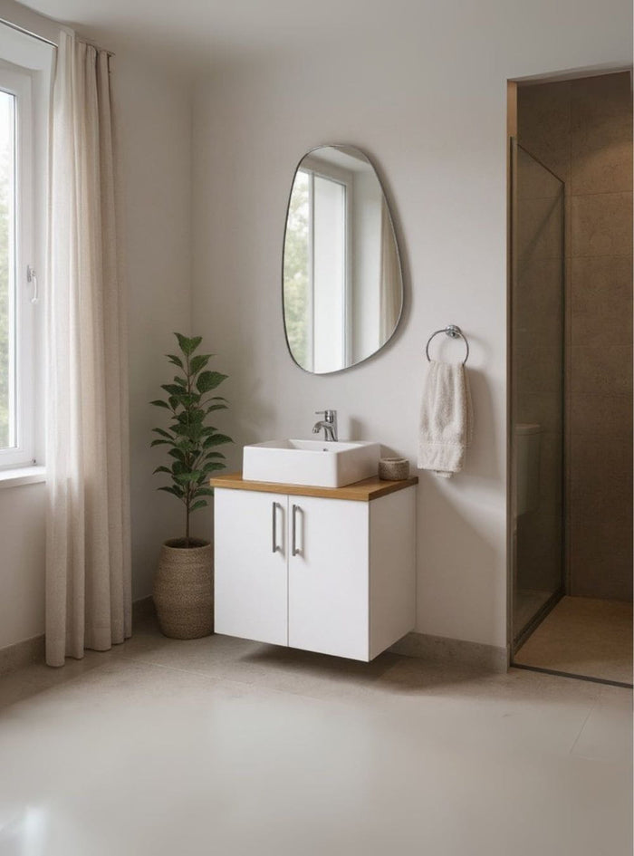 Gabinete para Banheiro com Cuba e Espelho Organico 60cm Mdf Freijo com Branco Paris - On Móveis