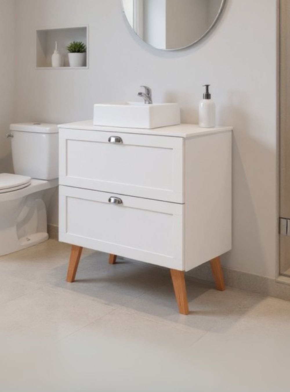 On Móveis Gabinete para Banheiro com Tampo Cuba e Espelho Redondo 60cm Retro Mdf Branco Milano - On Móveis