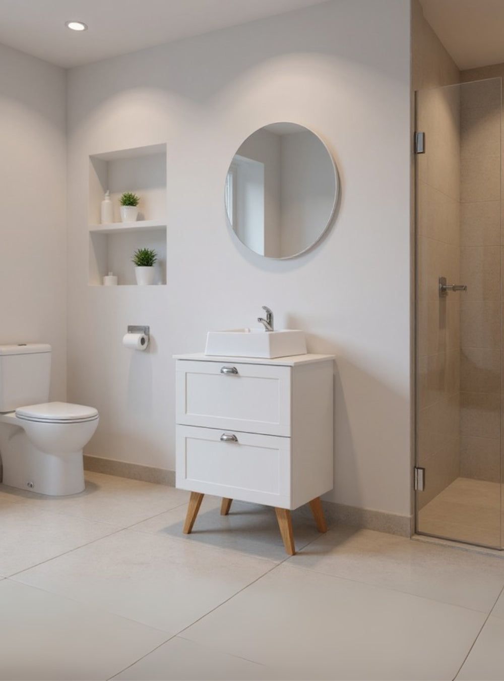 On Móveis Gabinete para Banheiro com Tampo Cuba e Espelho Redondo 60cm Retro Mdf Branco Milano - On Móveis