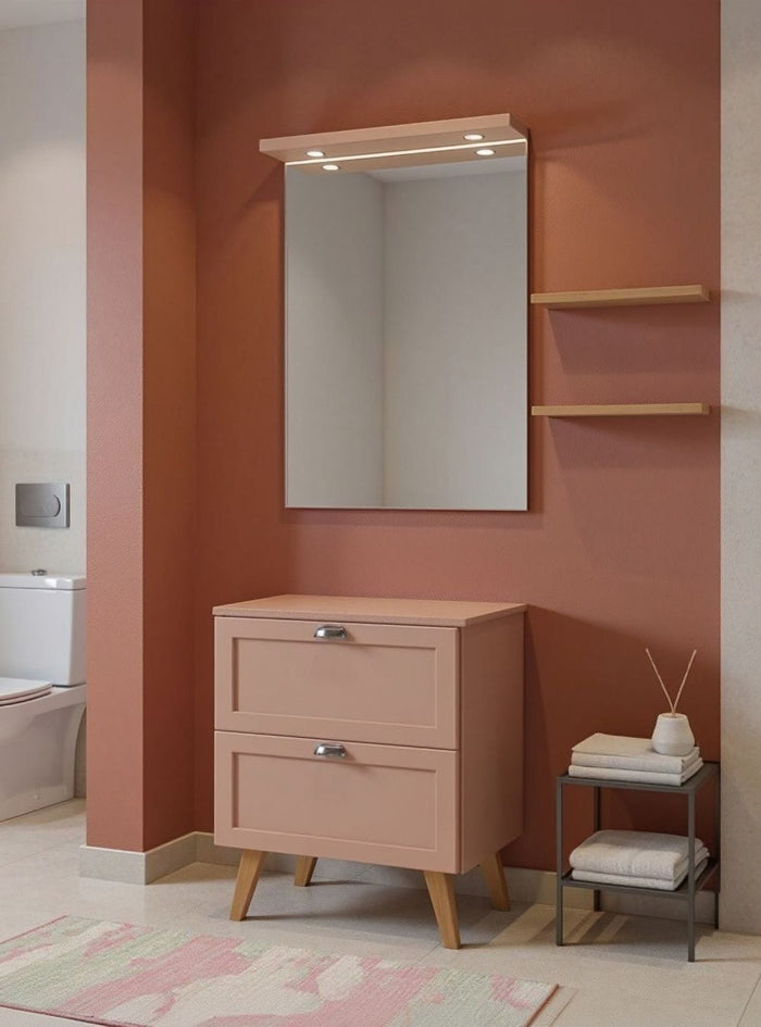 Gabinete para Banheiro com Tampo e Espelho com Led 60cm Retro Mdf Rosa Milano - On Móveis