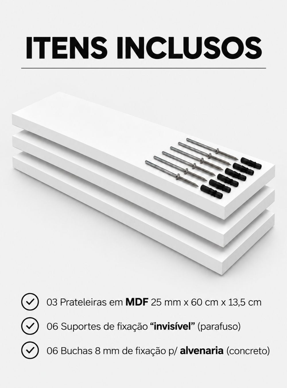 Kit de 3 Prateleiras 60cm MDF Branco — vista adicional