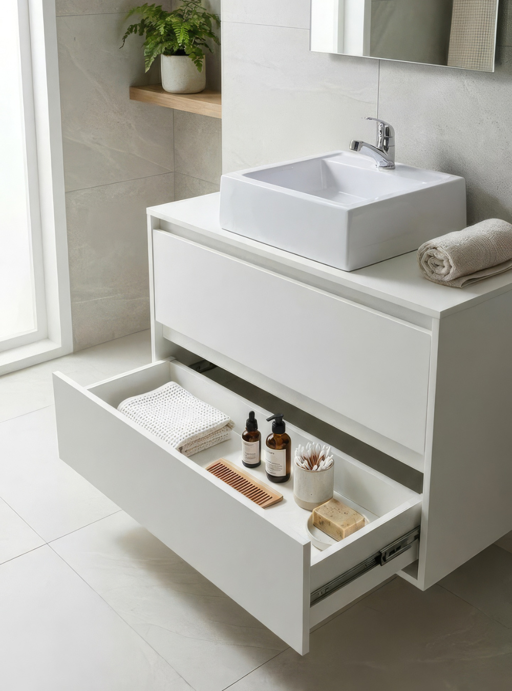 Gabinete para Banheiro com Cuba e Espelho Redondo 80cm Mdf Branco Dubai - On Móveis