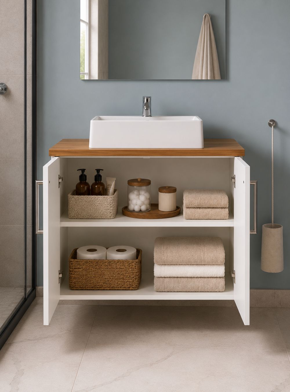 Gabinete para Banheiro com Cuba e Espelheira 80cm MDF Freijó Paris — detalhe do produto