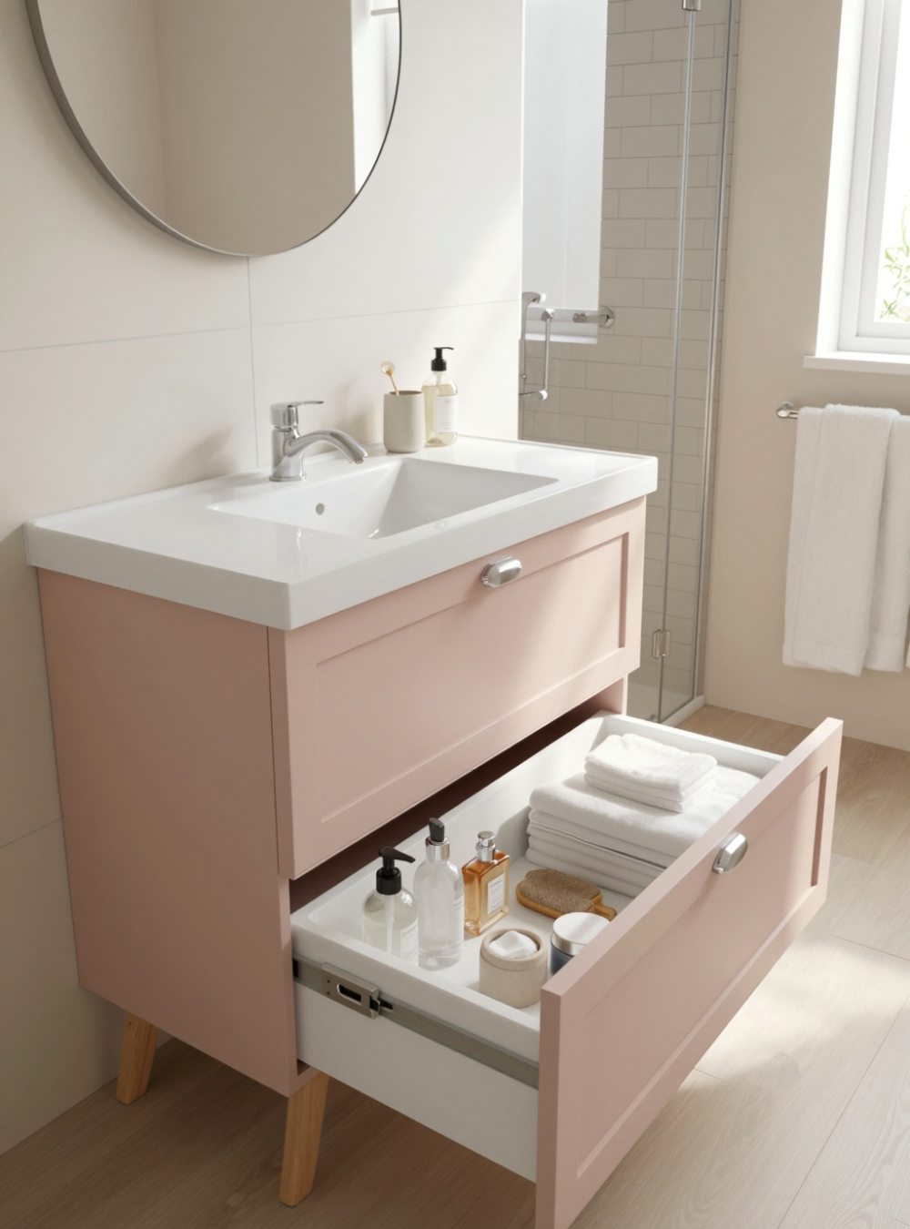 Gabinete para Banheiro com Cuba e Espelho Redondo 80cm Retro Mdf Rosa Milano - On Móveis