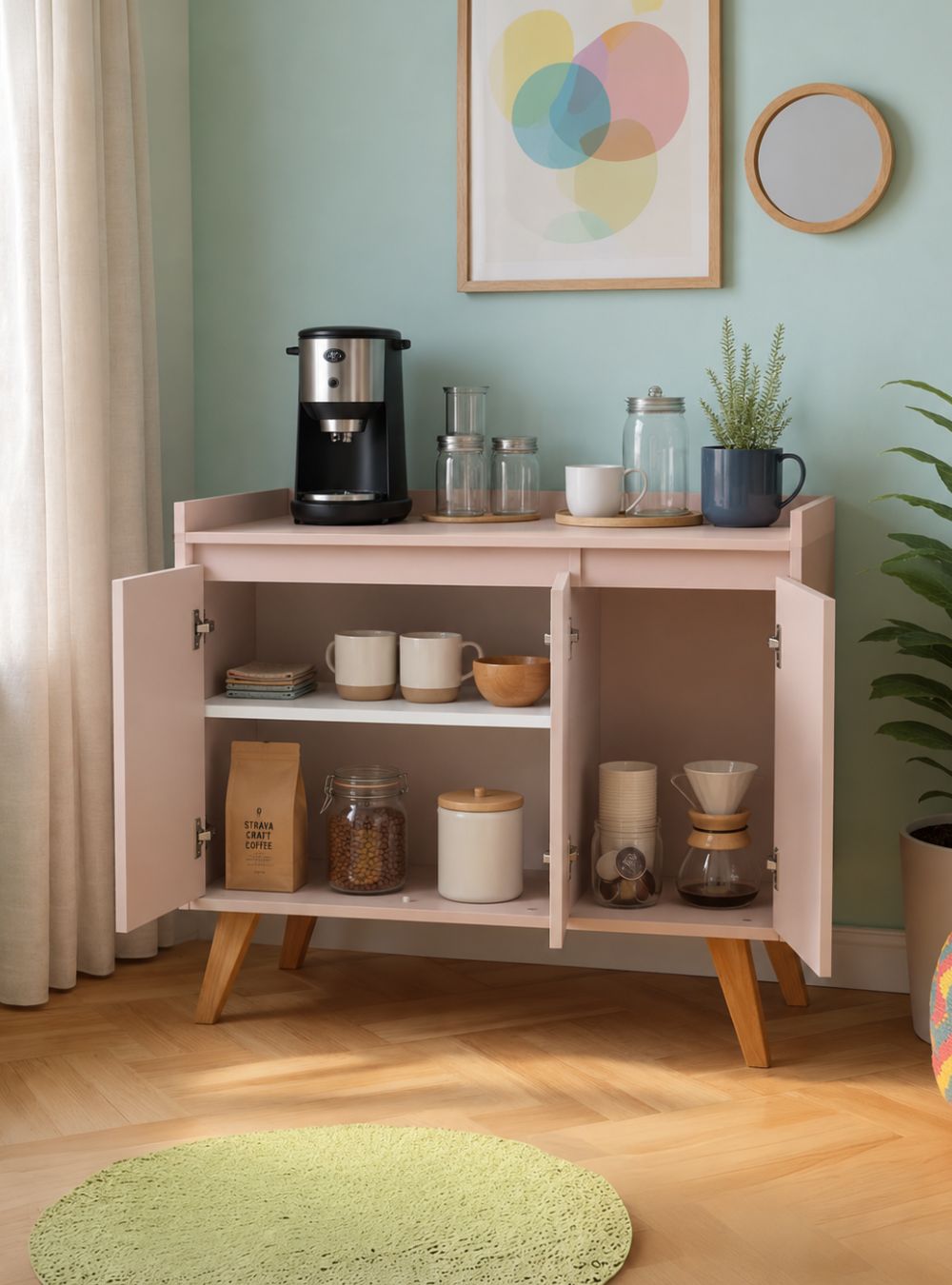 Aparador Buffet 90cm Retro Mdf Rosa Madri - On Móveis