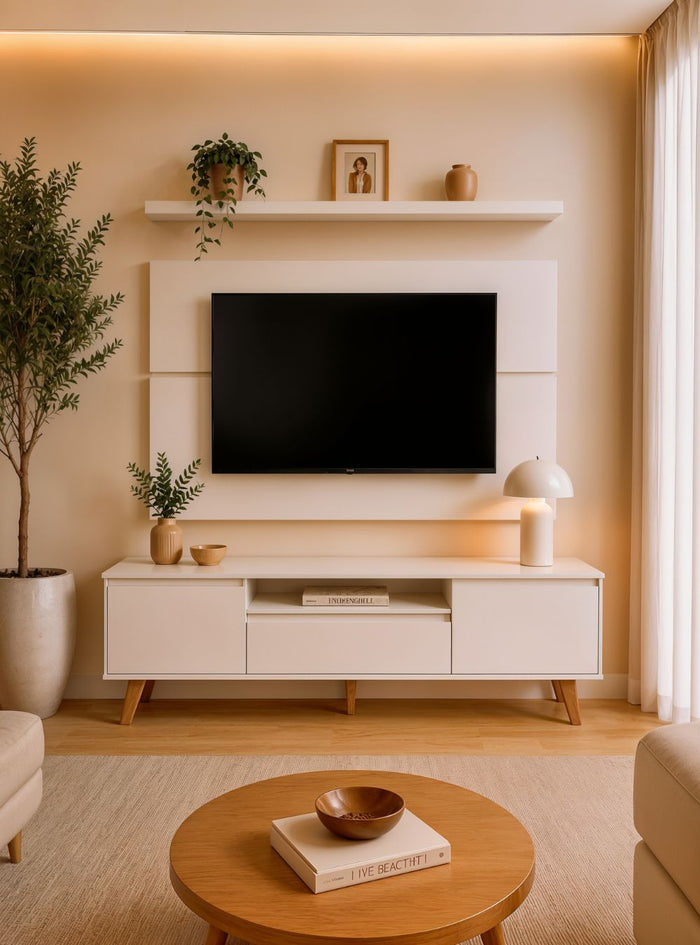 Rack para TV  com Painel  e Prateleira 180cm Retro Mdf Branco Dallas - On Móveis