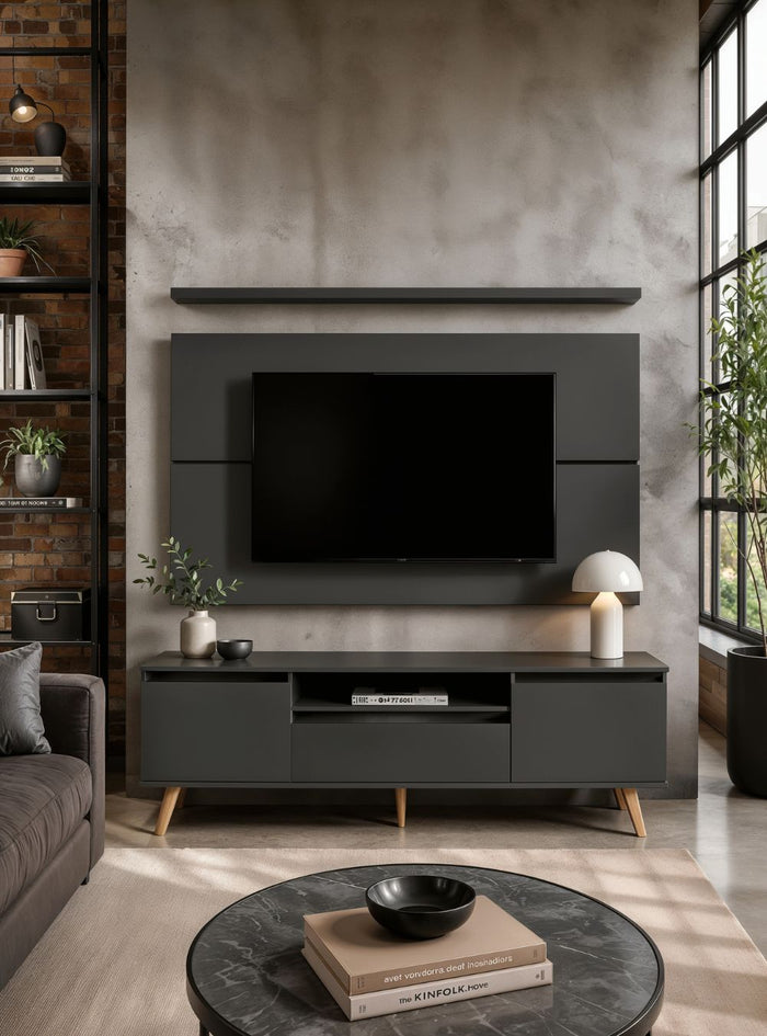 Rack para TV  com Painel  e Prateleira 180cm Retro Mdf Grafite Dallas - On Móveis