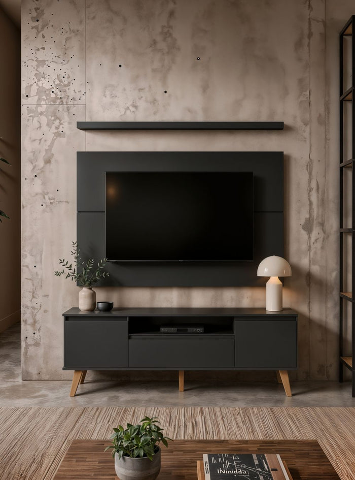 Rack para TV  com Painel  e Prateleira 150cm Retro Mdf Grafite Dallas - On Móveis
