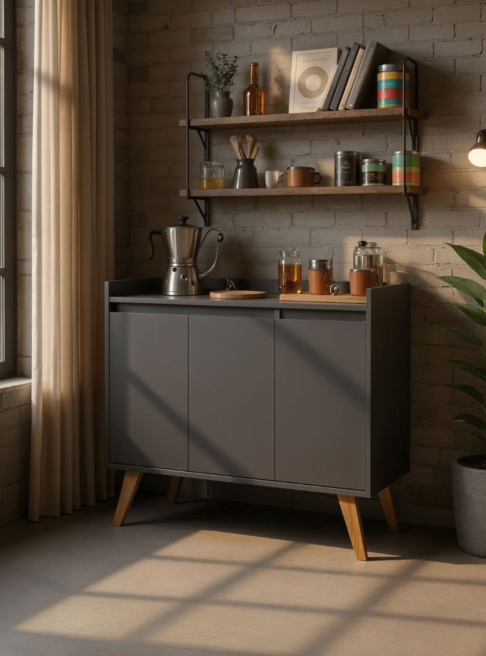 Aparador Buffet 90cm Retro Mdf Grafite Madri - On Móveis