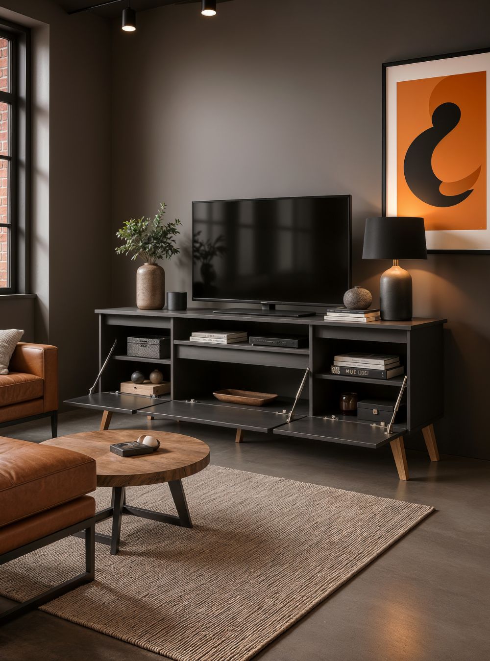 Rack para TV  com Painel  e Prateleira 150cm Retro Mdf Grafite Dallas - On Móveis