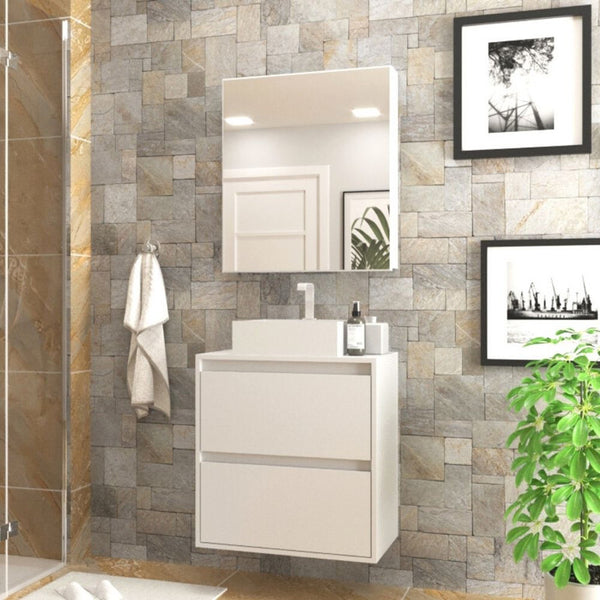 Gabinete para Banheiro com Cuba e Armario 60cm Mdf Branco Dubai - On Móveis