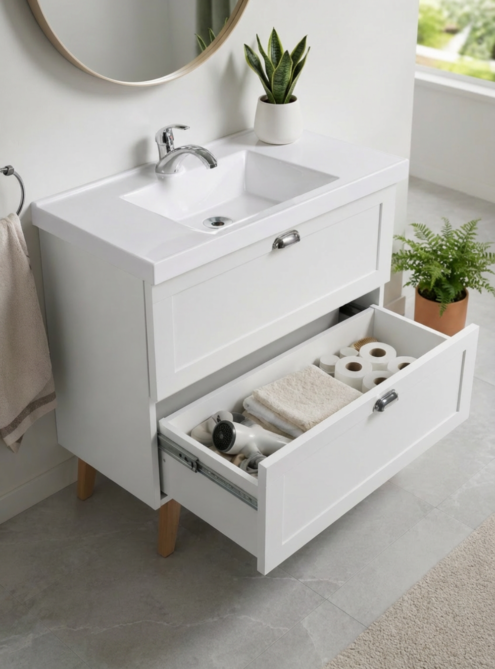 Gabinete para Banheiro com Cuba e Espelho Redondo 80cm Retro Mdf Branco Milano - On Móveis