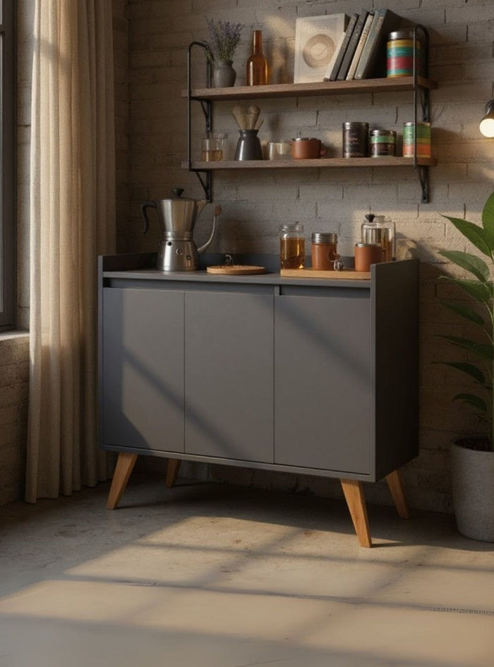 Aparador Buffet 90cm Retro Mdf Grafite Madri - On Móveis