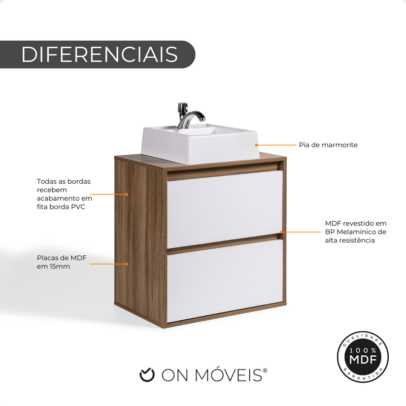 On Móveis Conjuntos de móveis para banheiro Gabinete para Banheiro com Cuba 60cm Mdf Nogal com Branco Dubai - On Móveis