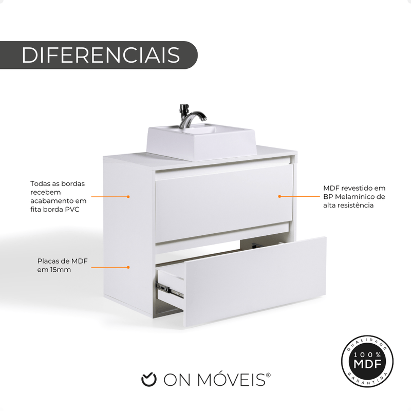 On Móveis Conjuntos de móveis para banheiro Gabinete para Banheiro com Cuba 80cm Mdf Branco Dubai - On Móveis