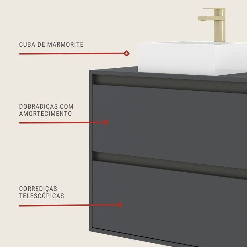 On Móveis Conjuntos de móveis para banheiro 80 Gabinete para Banheiro com Cuba 80cm Mdf Grafite Dubai - On Móveis