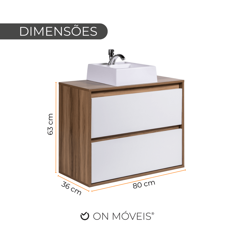 On Móveis Conjuntos de móveis para banheiro Gabinete para Banheiro com Cuba 80cm Mdf Nogal com Branco Dubai - On Móveis