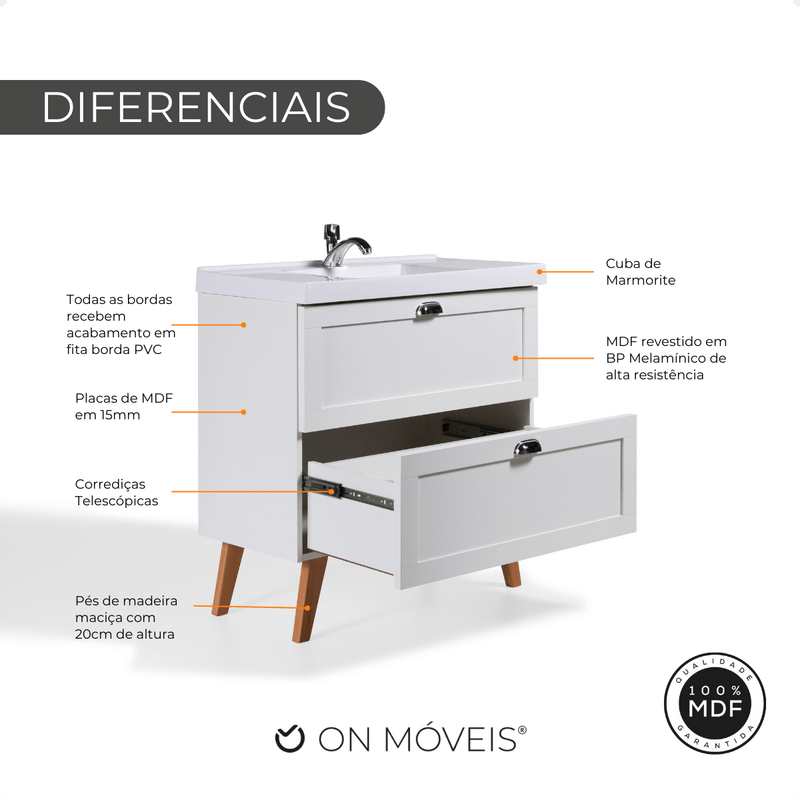 On Móveis Conjuntos de móveis para banheiro Gabinete para Banheiro com Cuba 80cm Retro Mdf Branco Milano - On Móveis