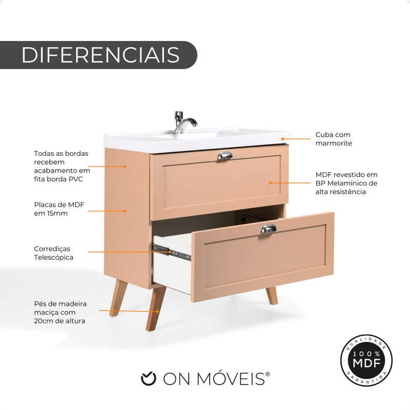 On Móveis Conjuntos de móveis para banheiro Gabinete para Banheiro com Cuba 80cm Retro Mdf Salmao Milano - On Móveis