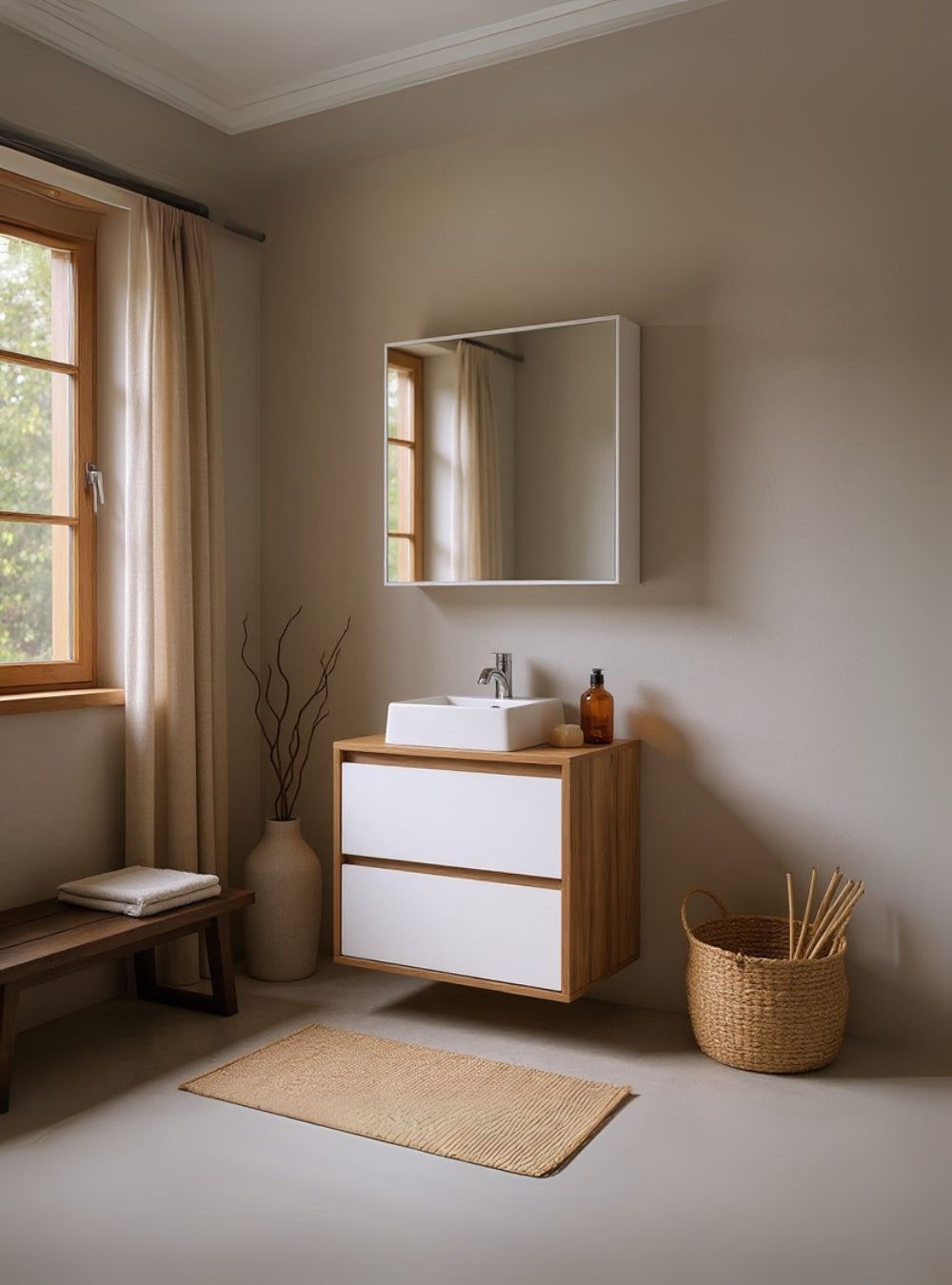 On Móveis Conjuntos de móveis para banheiro Gabinete para Banheiro com Cuba e Armario 60cm Mdf Freijo Com Branco Dubai - On Móveis