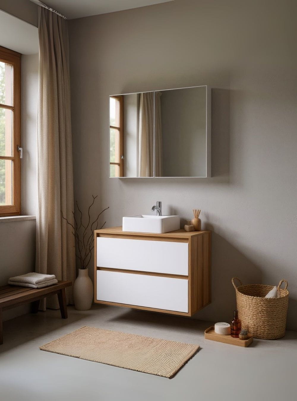 On Móveis Conjuntos de móveis para banheiro Gabinete para Banheiro com Cuba e Armario 80cm Mdf  Freijo com Branco Dubai - On Móveis