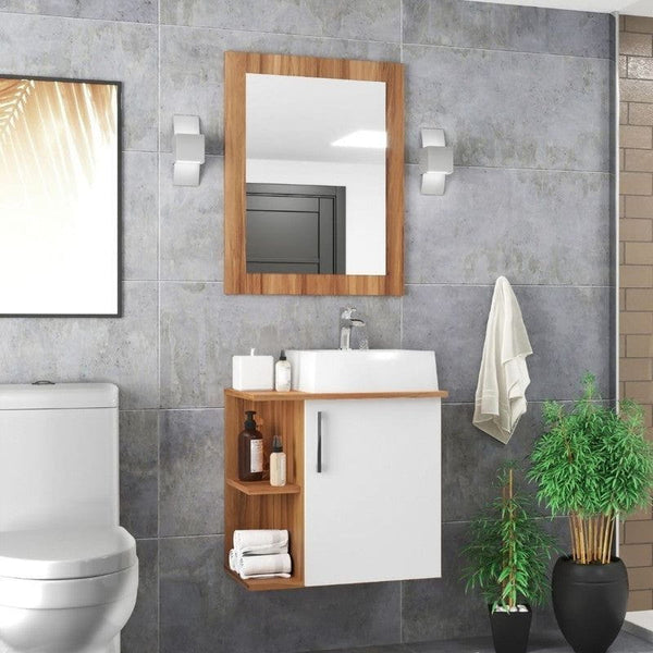 On Móveis Conjuntos de móveis para banheiro 50 Gabinete para Banheiro com Cuba e Espelheira 50cm Mdf Nogal com Branco Moscou - On Móveis