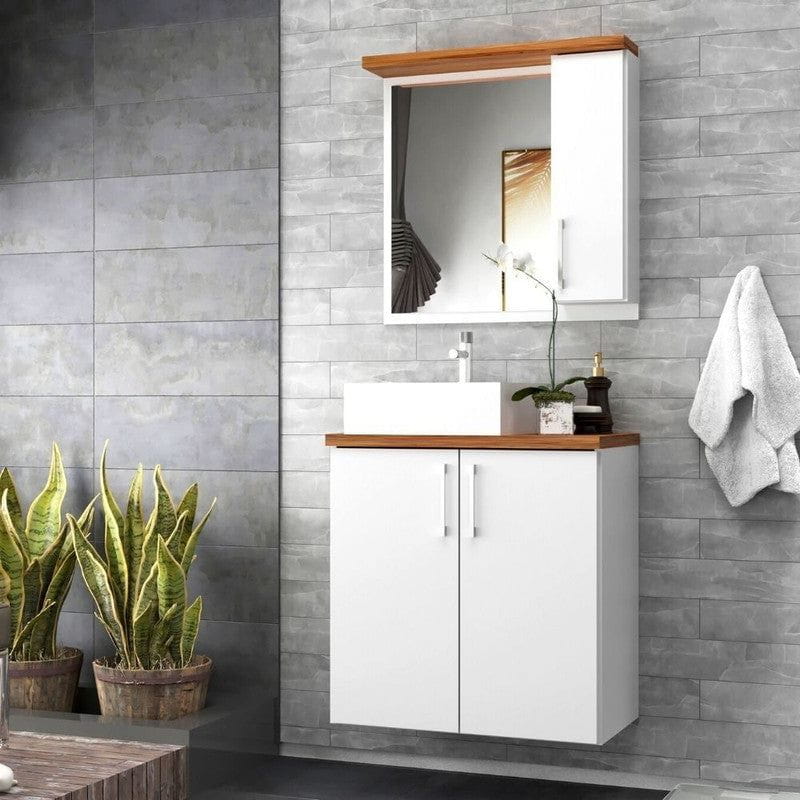 On Móveis Conjuntos de móveis para banheiro 60 Gabinete para Banheiro com Cuba e Espelheira 60cm Mdf Nogal com Branco Paris - On Móveis