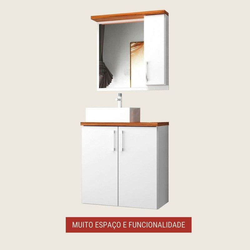 On Móveis Conjuntos de móveis para banheiro 60 Gabinete para Banheiro com Cuba e Espelheira 60cm Mdf Nogal com Branco Paris - On Móveis